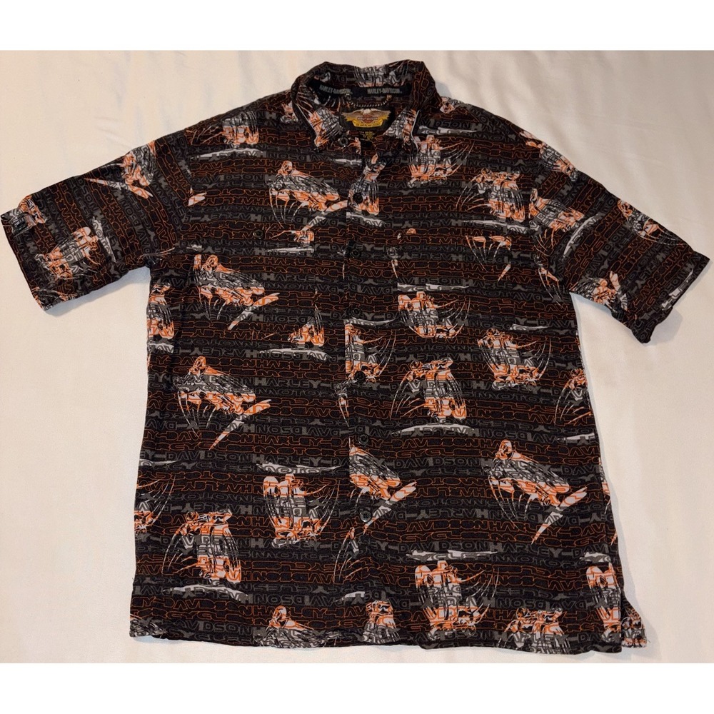 Harley-Davidson Men's Button-Up Shirt Size M Black Orange Graphic Print Rayon